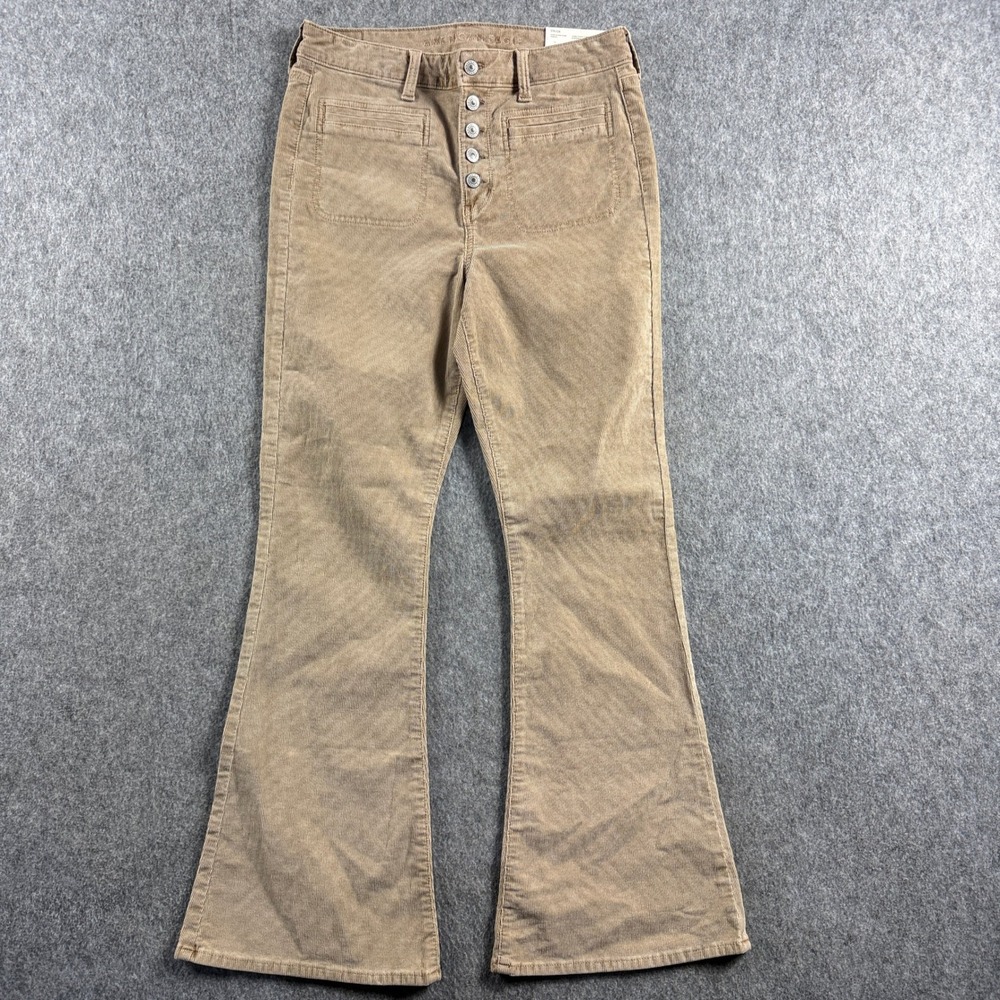 American Eagle Women Super Hi-Rise Flare Corduroy Pants Size 10 Tan Button Fly